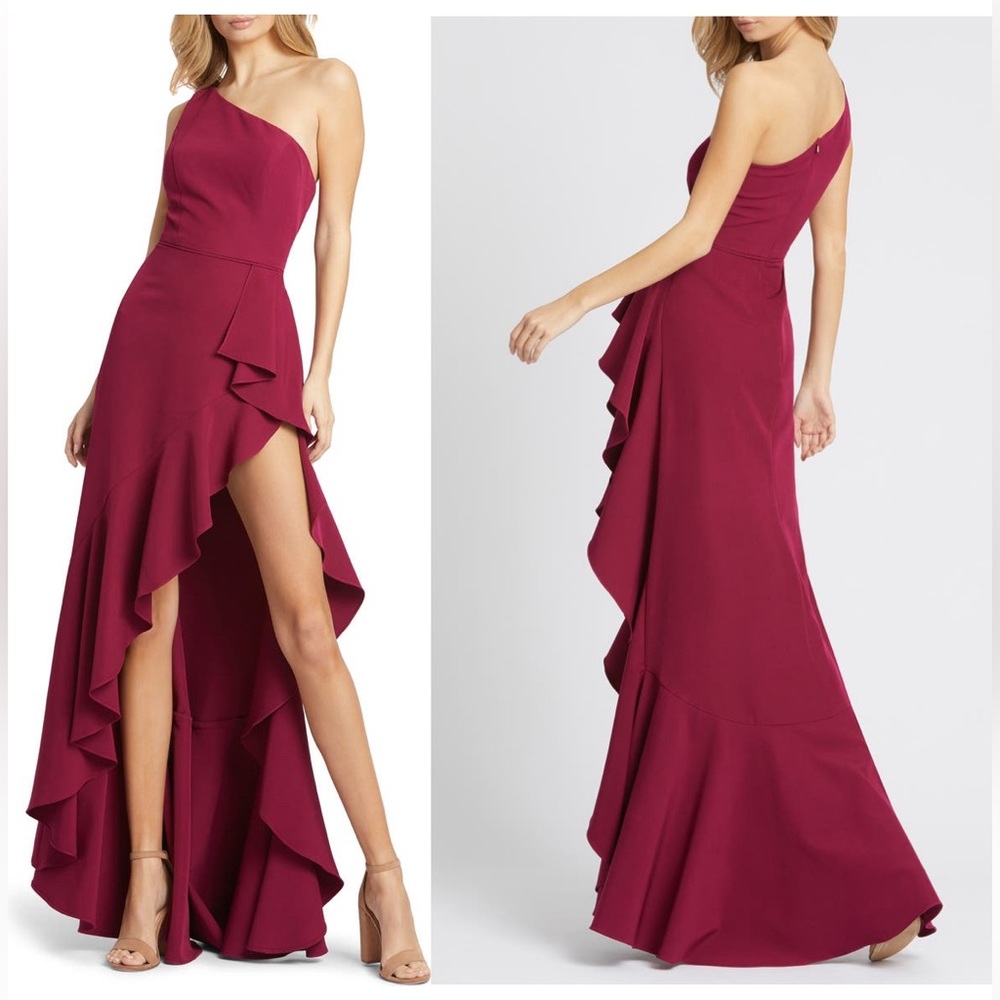 Ieena for Mac Duggal one-shoulder ruffle gown in Berry. Size 8.